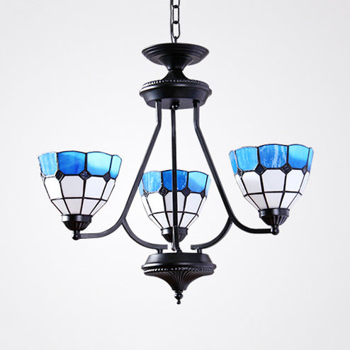 3 Lights Bowl Hanging Light with Metal Chain Adjustable Blue Glass Baroque Chandelier