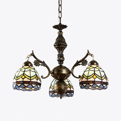 3 luci lampadario semi -globo con ciondolo a soffitto barocco in vetro colorato a catena sospesa in blu