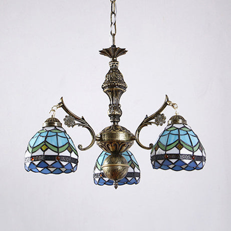 3 lichten semi -bol kroonluchter met hangende ketting gebrandschilderde glazen barok plafond hanger in blauw