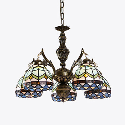 Baroque Dome Suspended Light 5 Lights Stained Glass Chandelier Lamp in Blue for Living Room