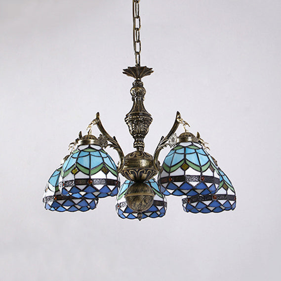 Baroque Dome Suspended Light 5 Lights Stained Glass Chandelier Lamp in Blue for Living Room