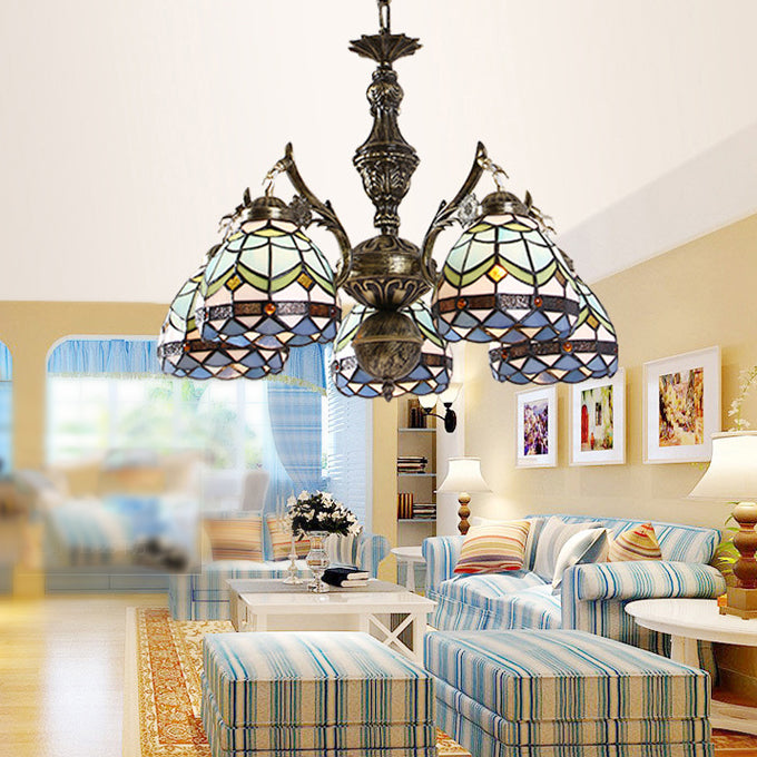 Baroque Dome Suspended Light 5 Lights Stained Glass Chandelier Lamp in Blue for Living Room