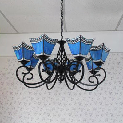 Nautical Trapezoid Hanging Light with Blue Glass Shade 8 Lights Living Room Lighting