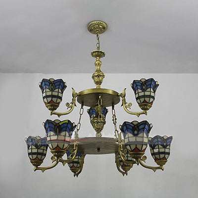 Baroque Bell Suspended Light with Adjustable Chain Stained Glass 2 Tiers Chandelier Lighting in Blue