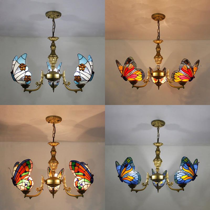 3 Lights Butterfly Hanging Light Loft Style Stained Glass Ceiling Chandelier with Chain in White/Red/Blue/Orange-Green