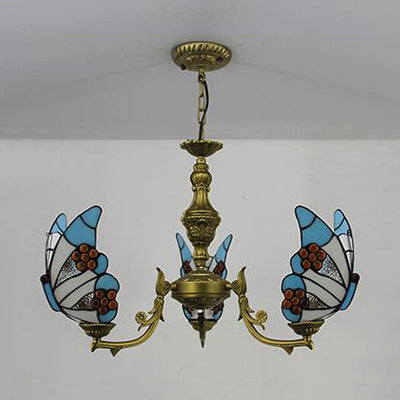 3 Lights Butterfly Hanging Light Loft Style Stained Glass Ceiling Chandelier with Chain in White/Red/Blue/Orange-Green