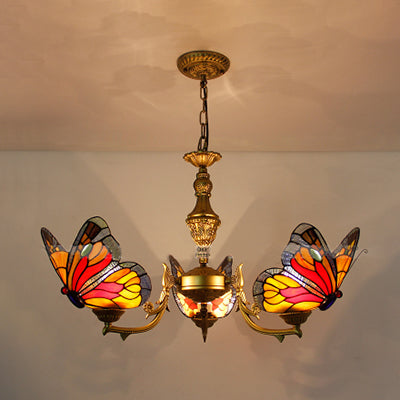 3 lichten vlinderhangend lichte loftstijl gebrandschilderd glazen plafond kroonluchter met ketting in wit/rood/blauw/oranje groen