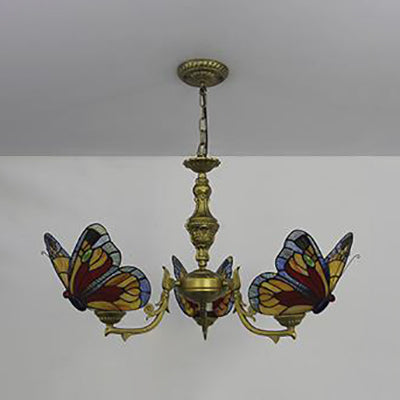 3 Lights Butterfly Hanging Light Loft Style Stained Glass Ceiling Chandelier with Chain in White/Red/Blue/Orange-Green