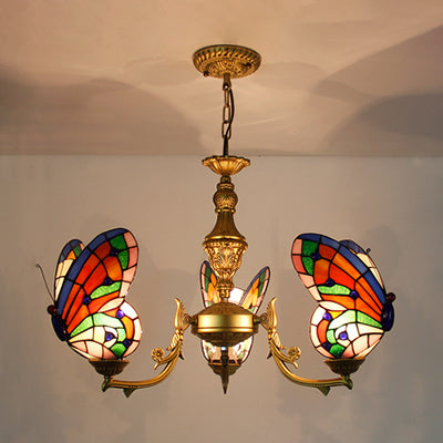 3 lichten vlinderhangend lichte loftstijl gebrandschilderd glazen plafond kroonluchter met ketting in wit/rood/blauw/oranje groen