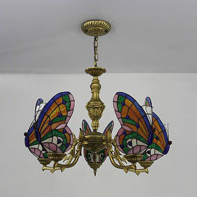 3 Lights Butterfly Hanging Light Loft Style Stained Glass Ceiling Chandelier with Chain in White/Red/Blue/Orange-Green