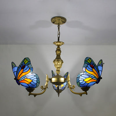 3 Lichter Schmetterling hängende leichte Dachboden-Buntglas Deckenkroren mit Kette in Weiß/Rot/Blau/Orange-Green