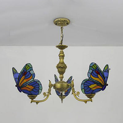 3 Lights Butterfly Hanging Light Loft Style Stained Glass Ceiling Chandelier with Chain in White/Red/Blue/Orange-Green