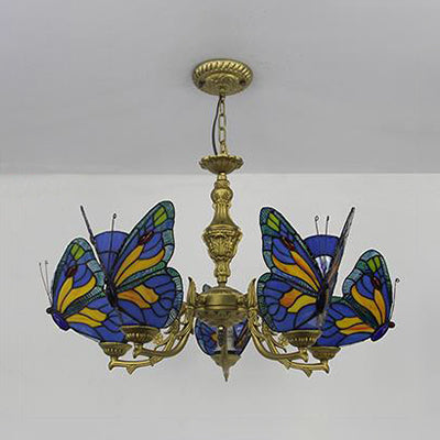 Loft Style Butterfly Ceiling Light Fixture with Adjustable Chain Stained Glass Foyer Pendant Light in White/Red/Blue/Orange-Green