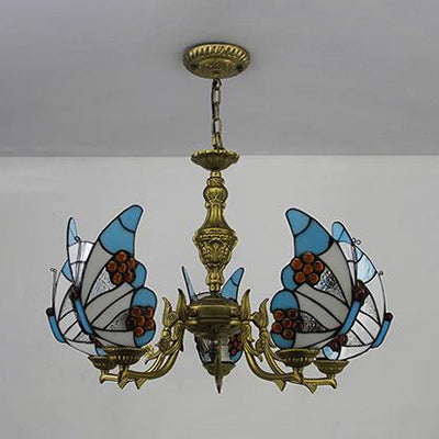 Loft Style Butterfly Ceiling Light Fixture with Adjustable Chain Stained Glass Foyer Pendant Light in White/Red/Blue/Orange-Green