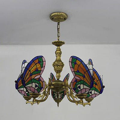 Loft Style Butterfly Ceiling Light Fixture with Adjustable Chain Stained Glass Foyer Pendant Light in White/Red/Blue/Orange-Green