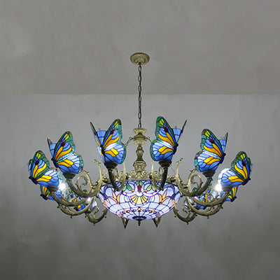 Vlinder indoor hanger licht gebrandschilderd glas tiffany kroonluchter lamp in donkerblauw/hemelblauw/beige/blauw voor gang