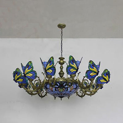 Butterfly Indoor Pendant Light Stained Glass Tiffany Chandelier Lamp in Dark Blue/Sky Blue/Beige/Blue for Hallway