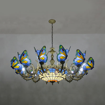 Butterfly Indoor Pendelleuchter hellfleckiges Glas Tiffany Kronleuchter Lampe in dunkelblau/Himmelblau/Beige/Blau für den Flur