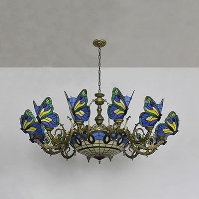 Butterfly Indoor Pendant Light Stained Glass Tiffany Chandelier Lamp in Dark Blue/Sky Blue/Beige/Blue for Hallway