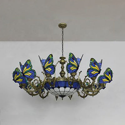 Butterfly Indoor Pendant Light Stained Glass Tiffany Chandelier Lamp in Dark Blue/Sky Blue/Beige/Blue for Hallway