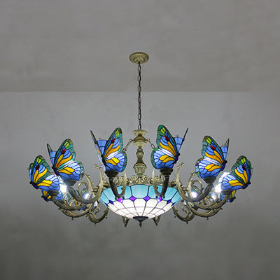 Butterfly Indoor Pendelleuchter hellfleckiges Glas Tiffany Kronleuchter Lampe in dunkelblau/Himmelblau/Beige/Blau für den Flur