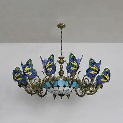 Butterfly Indoor Pendant Light Stained Glass Tiffany Chandelier Lamp in Dark Blue/Sky Blue/Beige/Blue for Hallway