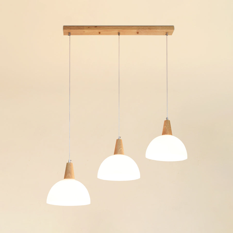 Milk Glass Dome Hanging Lamp Contemporary 3 Lights Indoor Pendant Lighting with Wooden Cap in White