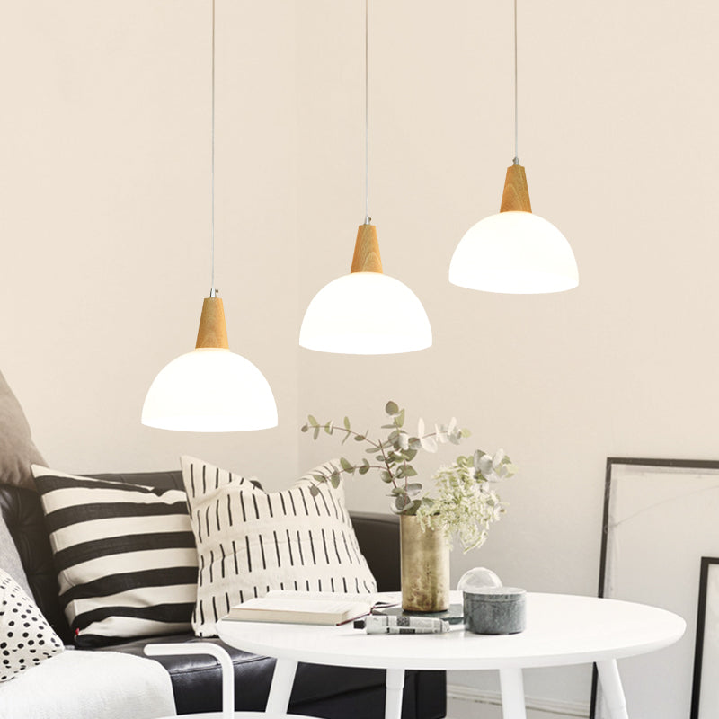 Milk Glass Dome Hanging Lamp Contemporary 3 Lights Indoor Pendant Lighting with Wooden Cap in White