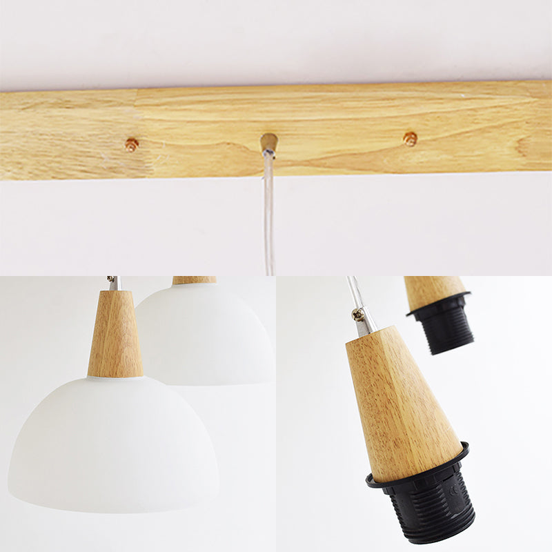 Milk Glass Dome Hanging Lamp Contemporary 3 Lights Indoor Pendant Lighting with Wooden Cap in White