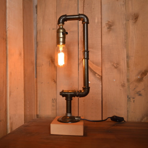 Wrought Iron Black Table Lighting Water Pipe 1 Bulb Industrial Stylish Table Lamp with Wooden Base