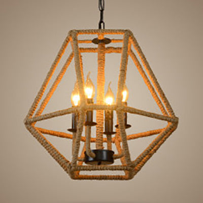 4 Bulbs Chandelier Light Country Geometric Cage Shade Hemp Rope Ceiling Pendant Light in Beige for Kitchen