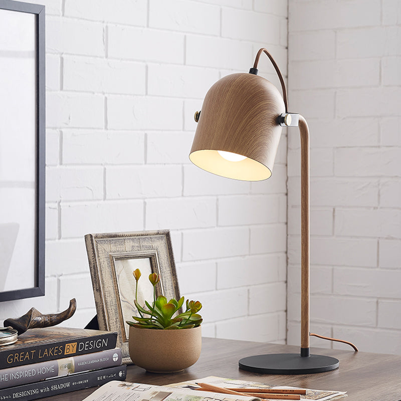 Dome Bedroom Handle Table Light Metal LED Minimalist Task Lamp with Right Angle Arm in Wood