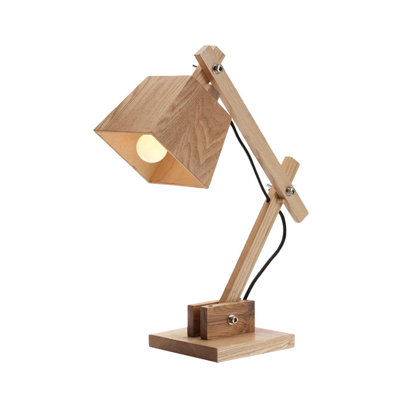 Beige Trapezoid Shade Table Light Modernist 1 Bulb Wood Desk Lamp with Adjustable Arm