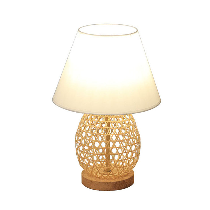 Asian Woven Oval Night Lamp Bamboo Rattan Single Bedroom Table Light with White Fabric Shade in Beige