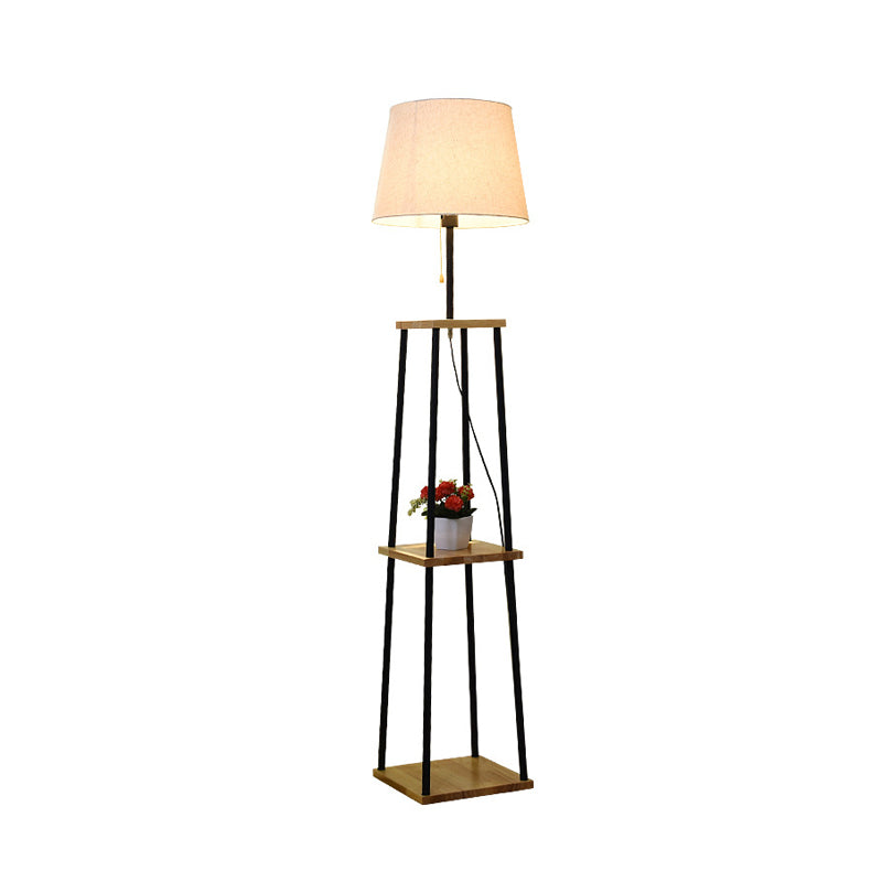 Shelf Shape Floor Light Modernist Wood Single Head Flaxen Pull-Chain Standard Lamp with Barrel Fabric Shade