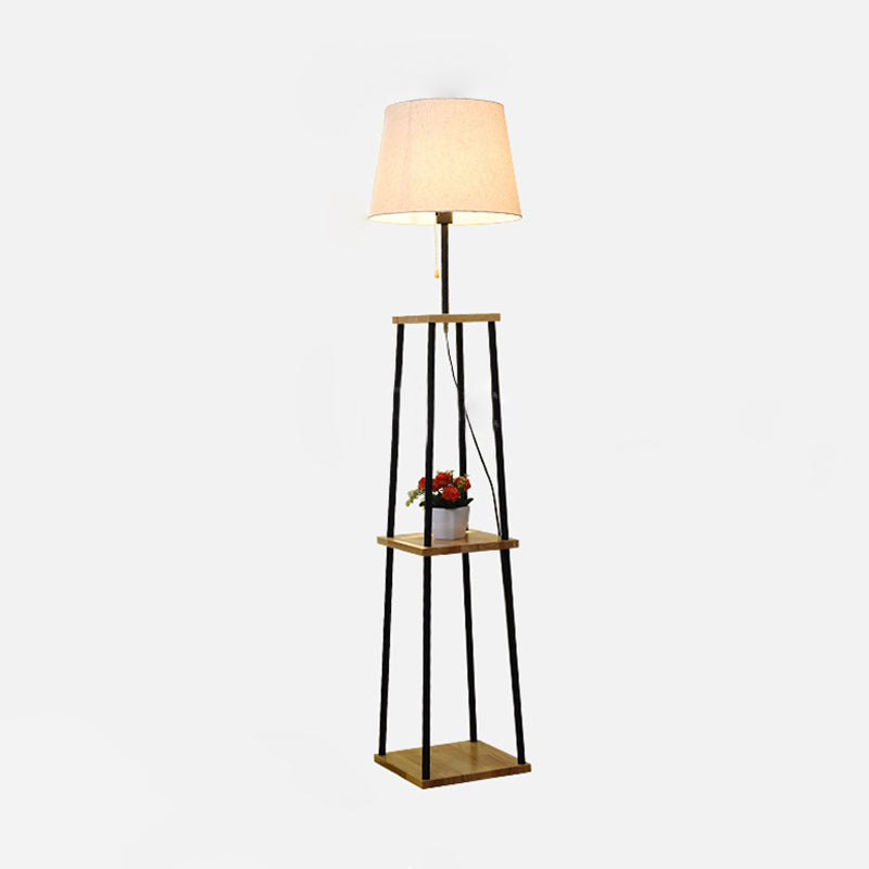 Shelf Shape Floor Light Modernist Wood Single Head Flaxen Pull-Chain Standard Lamp with Barrel Fabric Shade