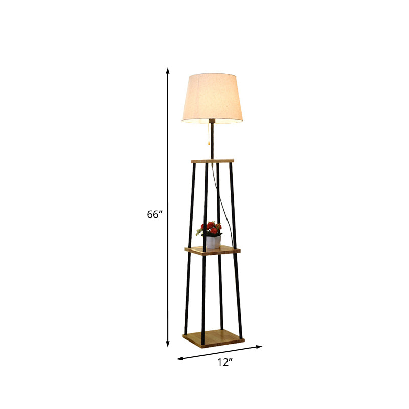 Shelf Shape Floor Light Modernist Wood Single Head Flaxen Pull-Chain Standard Lamp with Barrel Fabric Shade