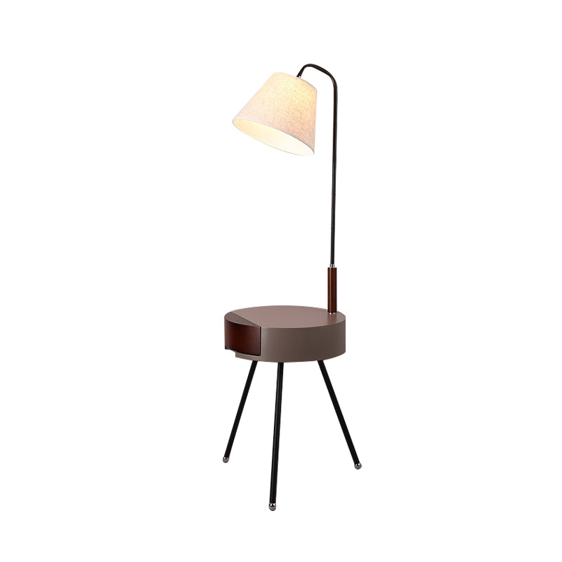 Tripod Table Floor Lighting Modern Metallic Single Head Black/Grey/White and Wood Stand Lamp with Fabric Shade