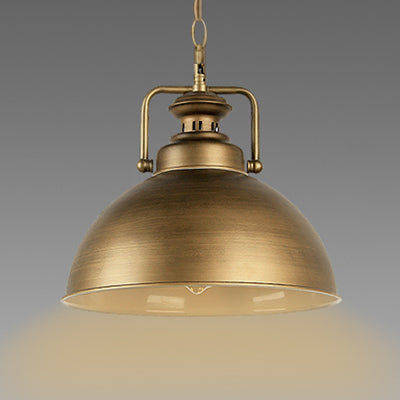 Brushed Brass Domed Pendant Lamp Vintage Retro Metal 1 Light Kitchen Suspension Light with Handle