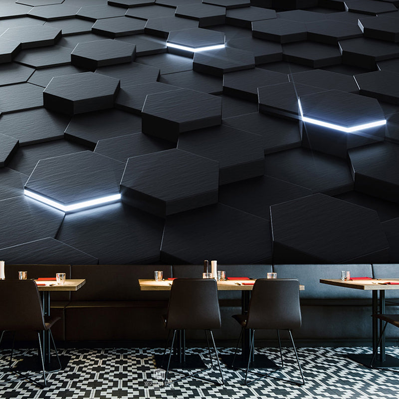 Whole Photo Style Mural Wallpaper with 3D Effect Hexagon in Dark Color for Living Room, Made to Measure