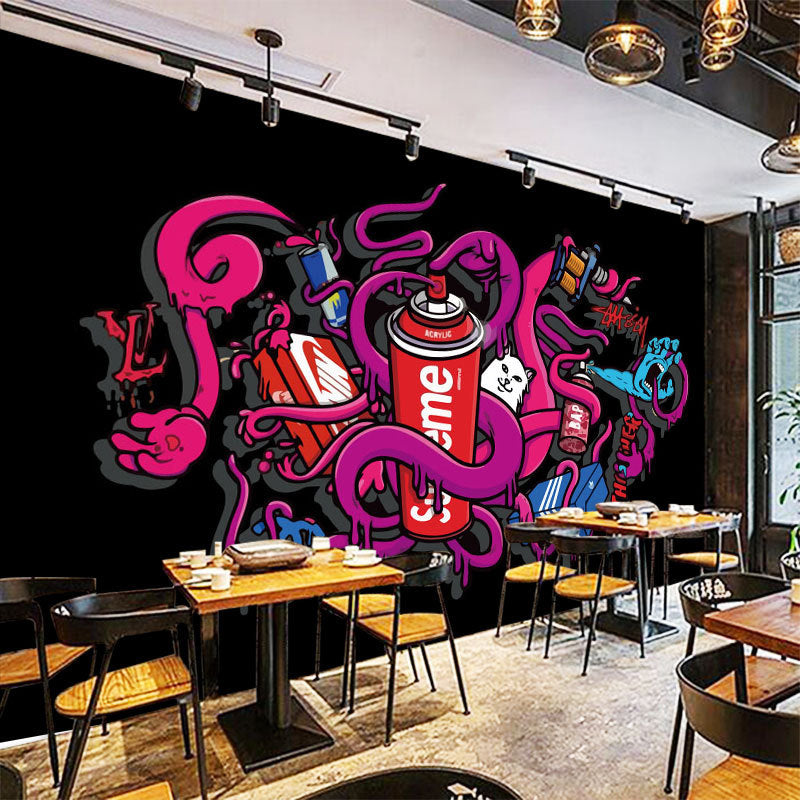 Custom Illustration Industrial Mural Wallpaper for Coffee Shop with Wall Drawing in Pink and Black