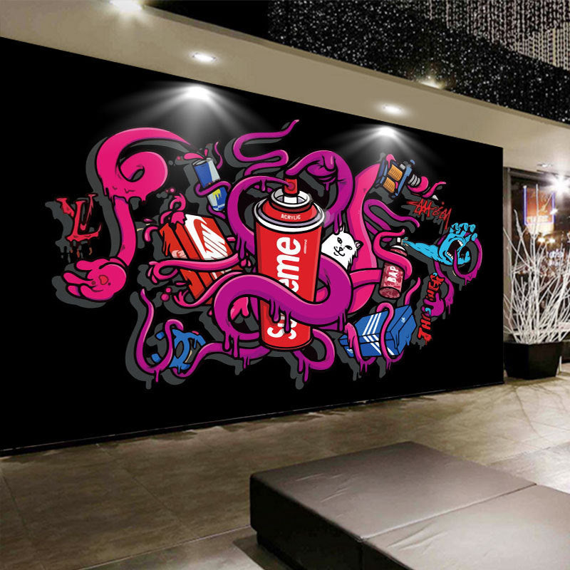 Custom Illustration Industrial Mural Wallpaper for Coffee Shop with Wall Drawing in Pink and Black