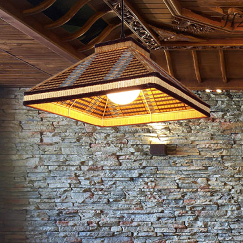 Chinese Pyramid Hanging Ceiling Light Bamboo/Rattan 1 Light Restaurant Pendant Lamp in White/Ivory/Brown