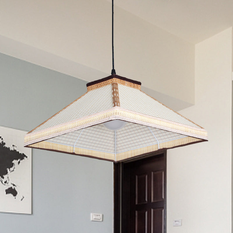 Chinese Pyramid Hanging Ceiling Light Bamboo/Rattan 1 Light Restaurant Pendant Lamp in White/Ivory/Brown