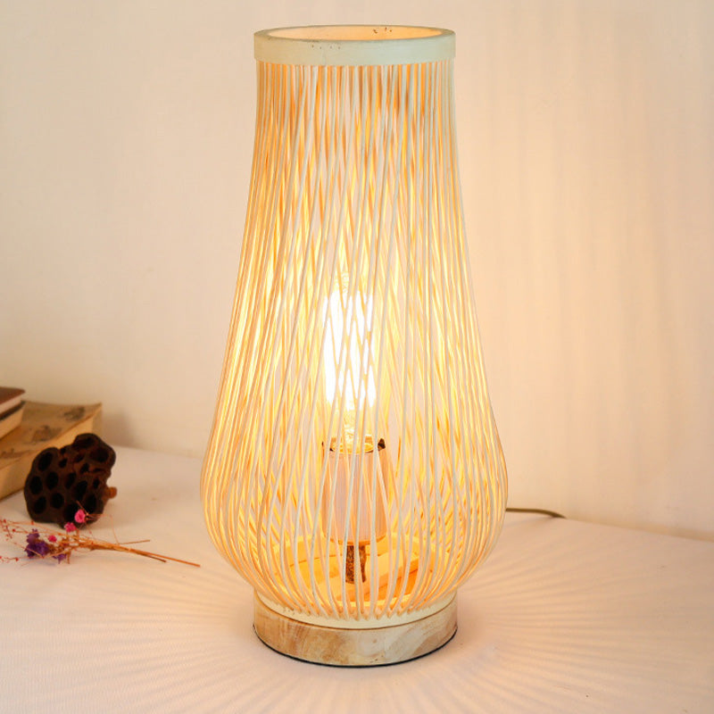 Single Head Bedroom Table Lamp Asian Style Beige Desk Light with Teardrop Bamboo Shade