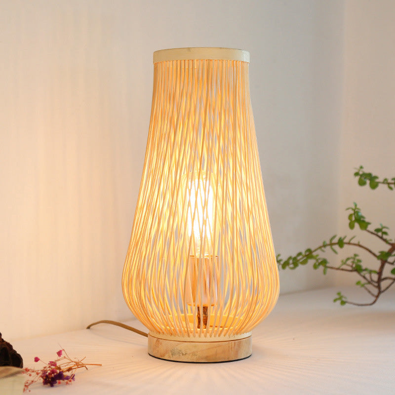 Single Head Bedroom Table Lamp Asian Style Beige Desk Light with Teardrop Bamboo Shade