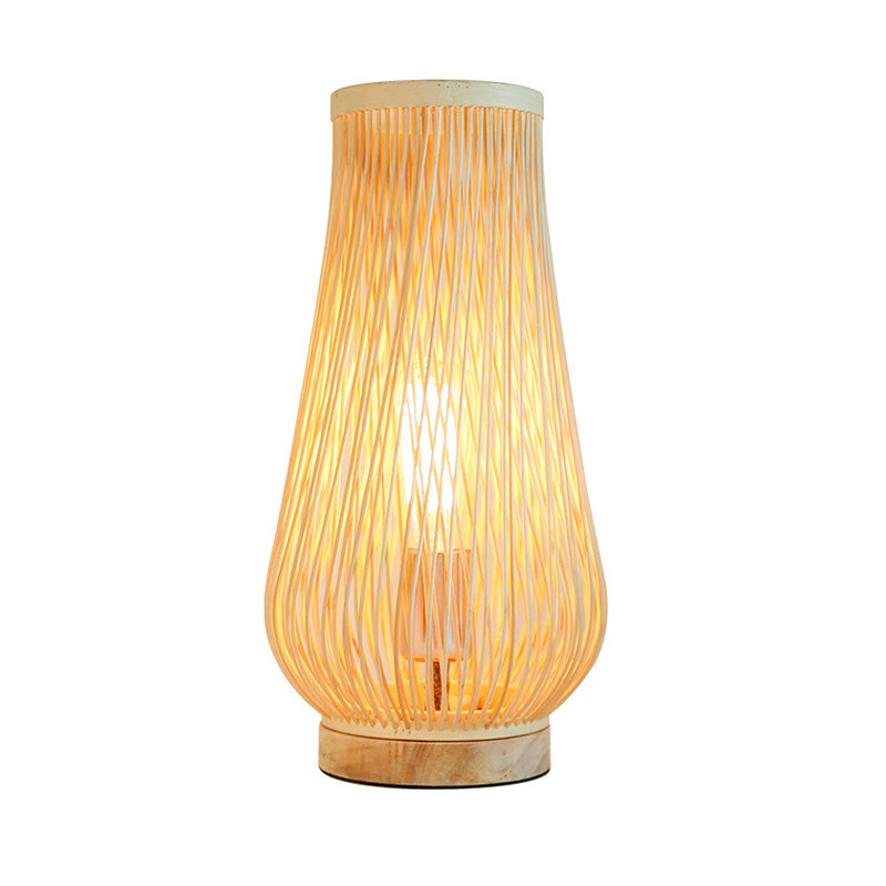 Single Head Bedroom Table Lamp Asian Style Beige Desk Light with Teardrop Bamboo Shade