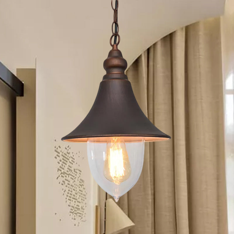 Black/Bronze/Gold Flared Hanging Light Country Style 1 Light Pendant Lighting with Clear Plastic Shade