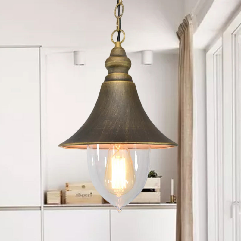 Black/Bronze/Gold Flared Hanging Light Country Style 1 Light Pendant Lighting with Clear Plastic Shade