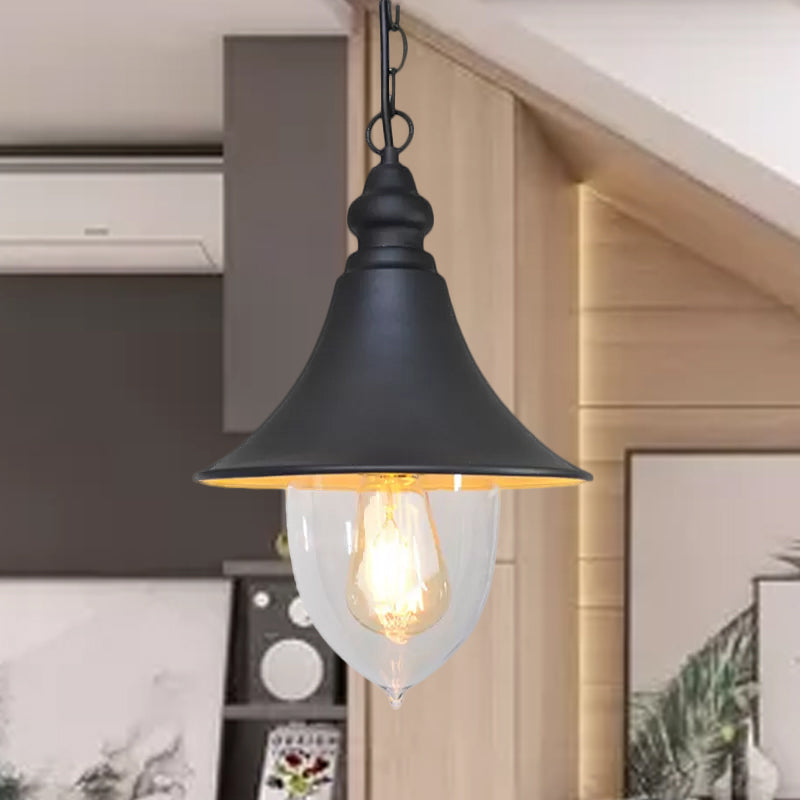 Black/Bronze/Gold Flared Hanging Light Country Style 1 Light Pendant Lighting with Clear Plastic Shade